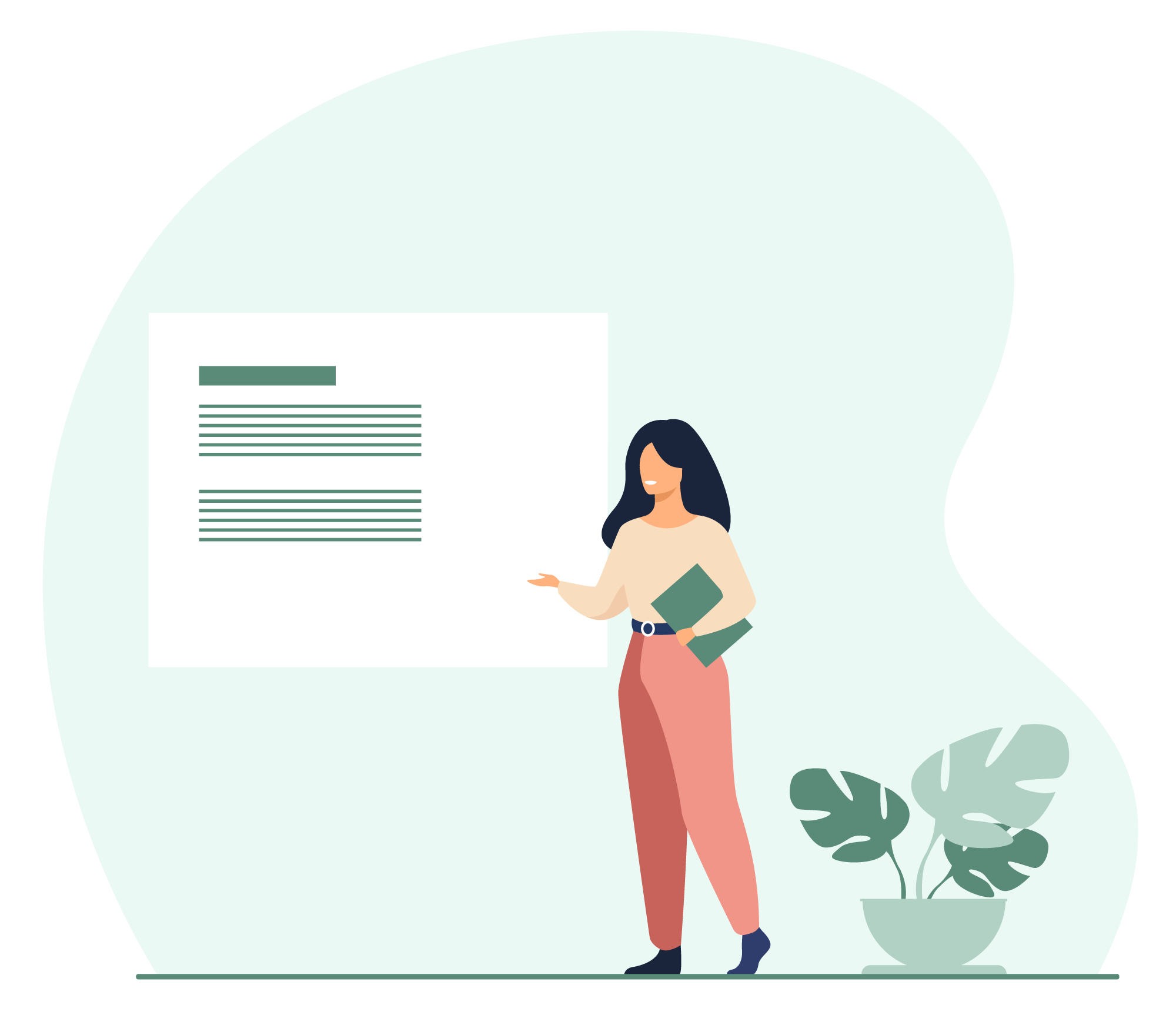 Illustration of a woman giving a presentation in front of a white board